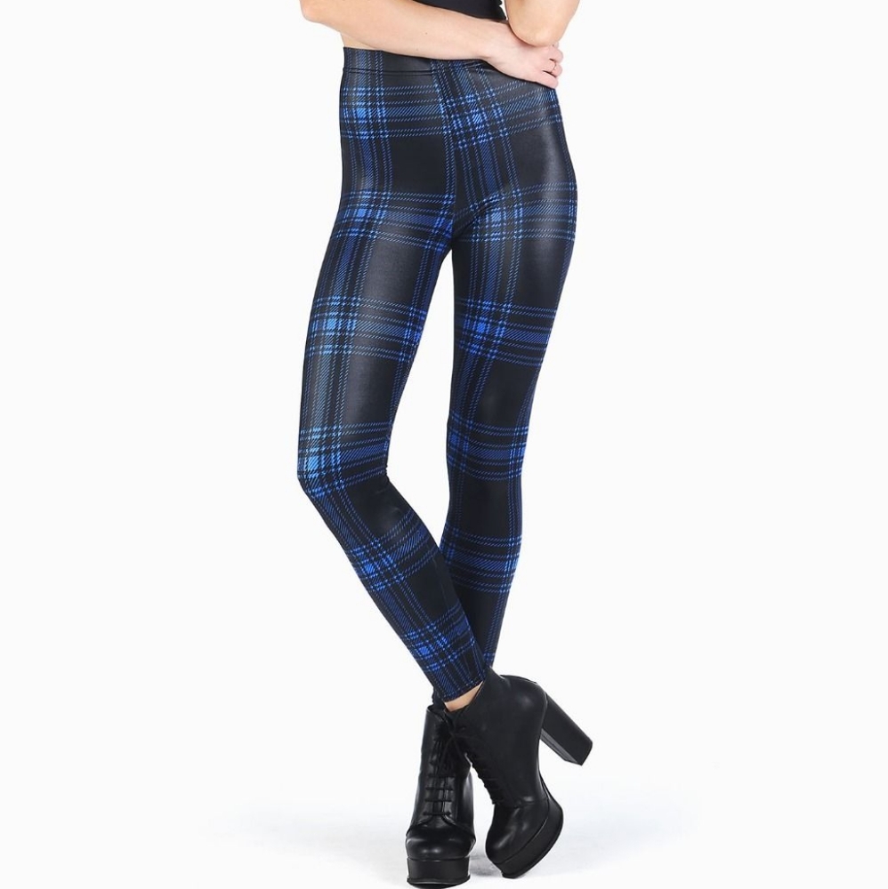 Tartan Punk Blue HW Wet Look Leggings